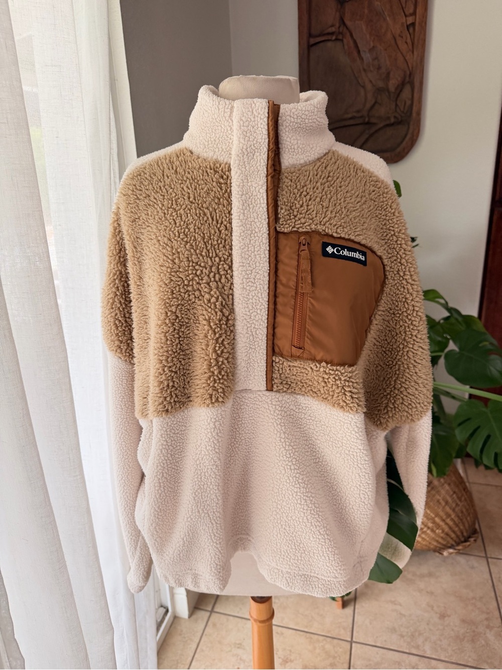 Columbia Sherpa Fleece Pullover Jacket Tan Cream Snap Front Mens XXL